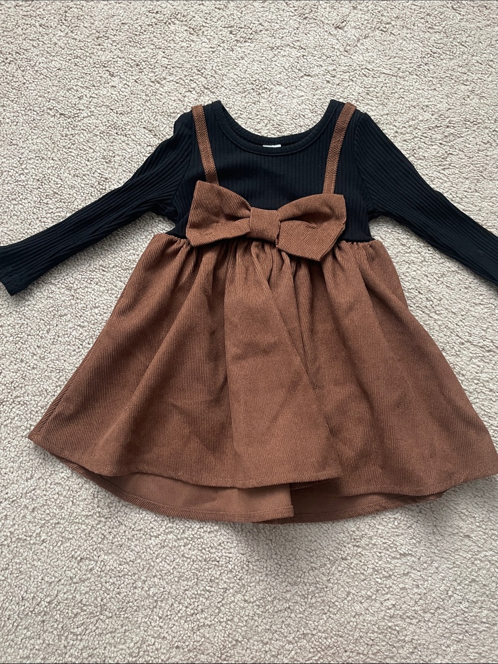 Girls Brown Bow Pinafore Dress with Black Knit Top